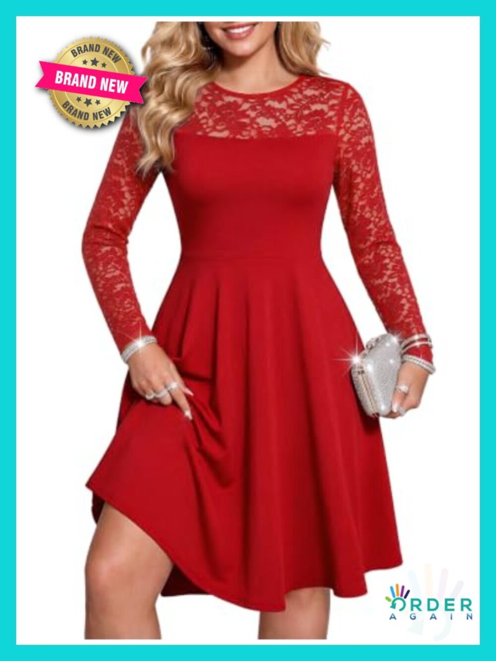 Sheer Lace Long Sleeve Midi A-Line Semi Formal Knee Length Dress